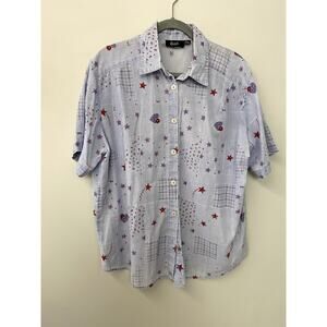 Vintage Blue Patchwork Patriotic Womens Button Down Top Sz 1X